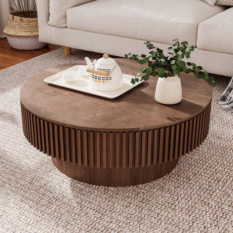 Round Coffee Table with Storage, Modern Wooden Coffee Table with Solid Wood Veneered, Circle Center Table Accent Tea Table for Living Room Apartment Small Space (31.5''L × 31.5''W × 14''H, Walnut) FGXJY