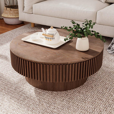 Round Coffee Table with Storage, Modern Wooden Coffee Table with Solid Wood Veneered, Circle Center Table Accent Tea Table for Living Room Apartment Small Space (31.5''L × 31.5''W × 14''H, Walnut)