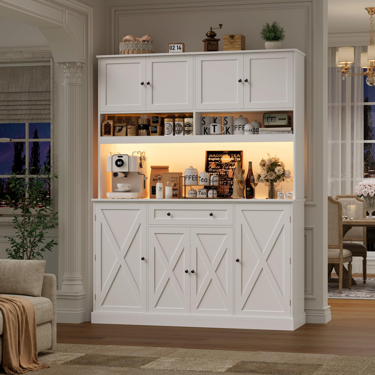 HIFIT 72.8” Tall Kitchen Pantry Cabinet with LED & Charging Station, 55” Wide Farmhouse Pantry Storage Cabinet with Microwave Stand&Shelves&Barn Doors, Kitchen Hutch Coffee Bar for Living Room, White HIFIT