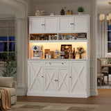 HIFIT 72.8” Tall Kitchen Pantry Cabinet with LED & Charging Station, 55” Wide Farmhouse Pantry Storage Cabinet with Microwave Stand&Shelves&Barn Doors, Kitchen Hutch Coffee Bar for Living Room, White HIFIT