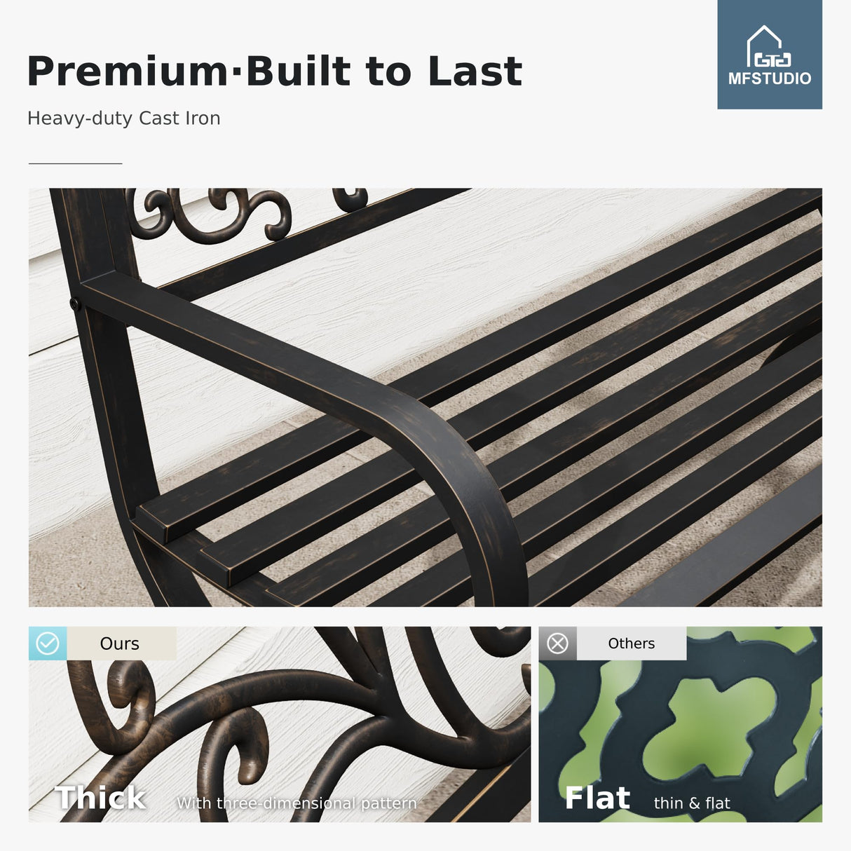 MFSTUDIO 50 Inches Outdoor Garden Bench, Cast Iron Metal Frame Patio Park Bench with Floral Pattern Backrest, Arch Legs for Porch, Lawn, Yard-Bronze MFSTUDIO