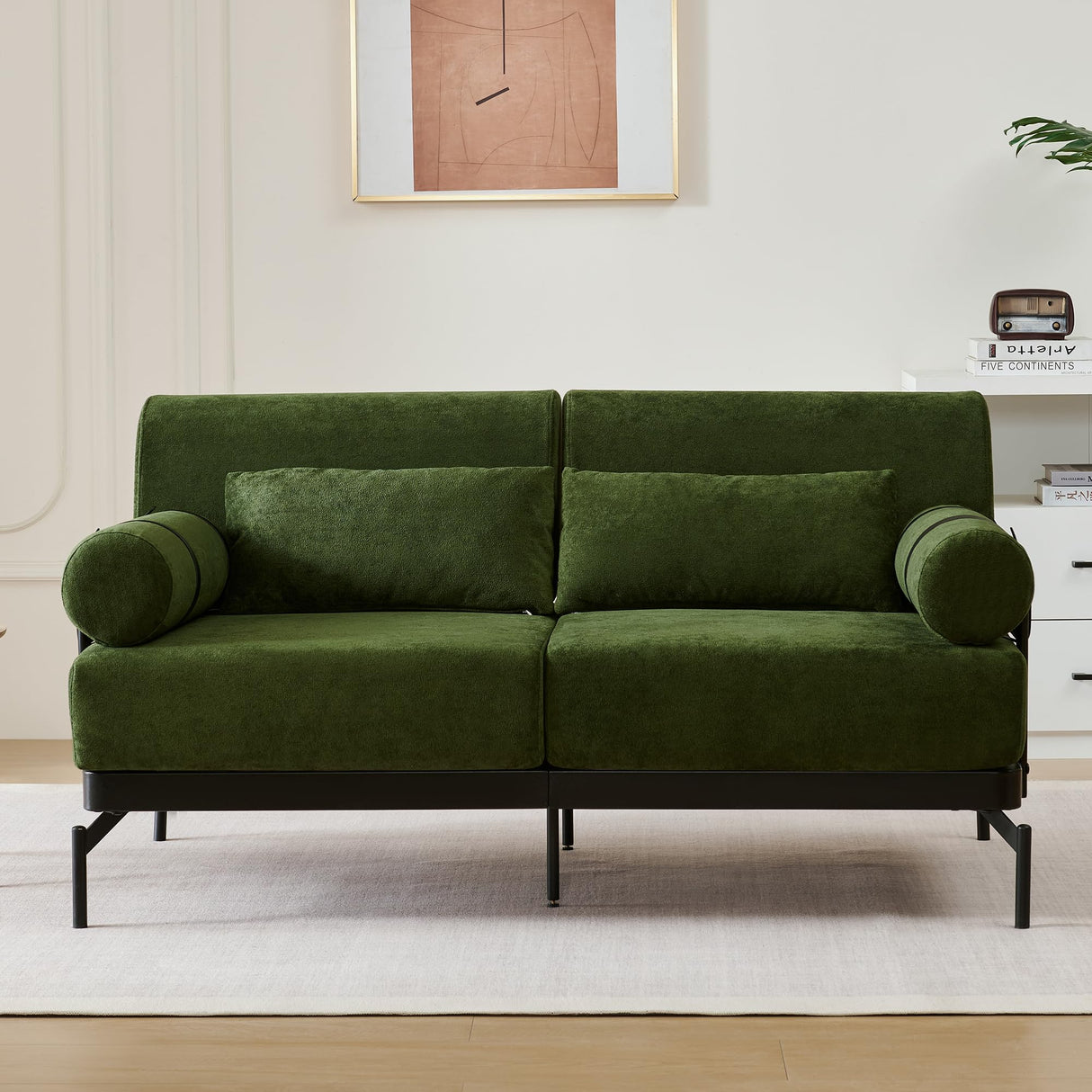 Ball & Cast Futon Sofa with Flexible USB Ports, Modern Loveseat Sofa Couch 2-Seater Sofa with Unique Cylindrical Armrests,for Small Spaces, Living Room or Office, Corduroy Futons Sofas (Green) Ball & Cast