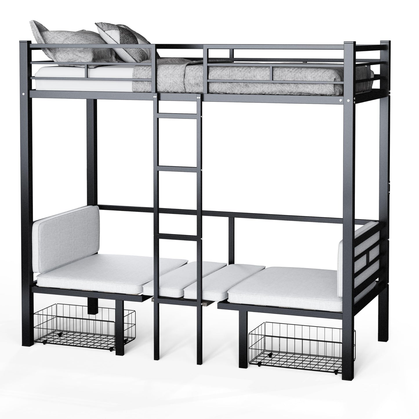 UOCFYK Twin Size Loft Bed with with Desk, Convertible Bunk Bed Frame for Kids Bedroom w/Wood Slats Support & Guardrail & Ladders & Drawers, No Box Spring Needed, Black (Cushion not Included)