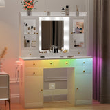 HUANLEGO Vanity Desk with Mirror and Lights, White Vanity Mirror with Lights Desk and Chair &7 Drawers, Cabinets Makeup Vanity Table with with Stool for Bedroom 3 Lights Mode and Brightness Adjusted HUANLEGO