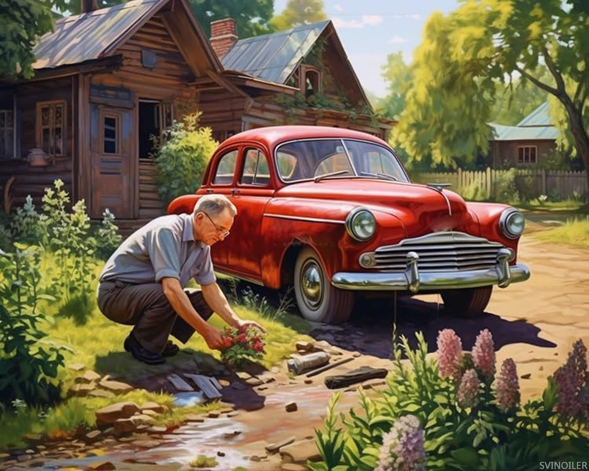 SVINOILER Adults Paint by Number Kits, an Old Man Washes The Car in The Yard, Paint by Number Kits on Canvas, DIY Oil Paintings for Beginners Arts and Crafts, 40x50cm No Frame SVINOILER