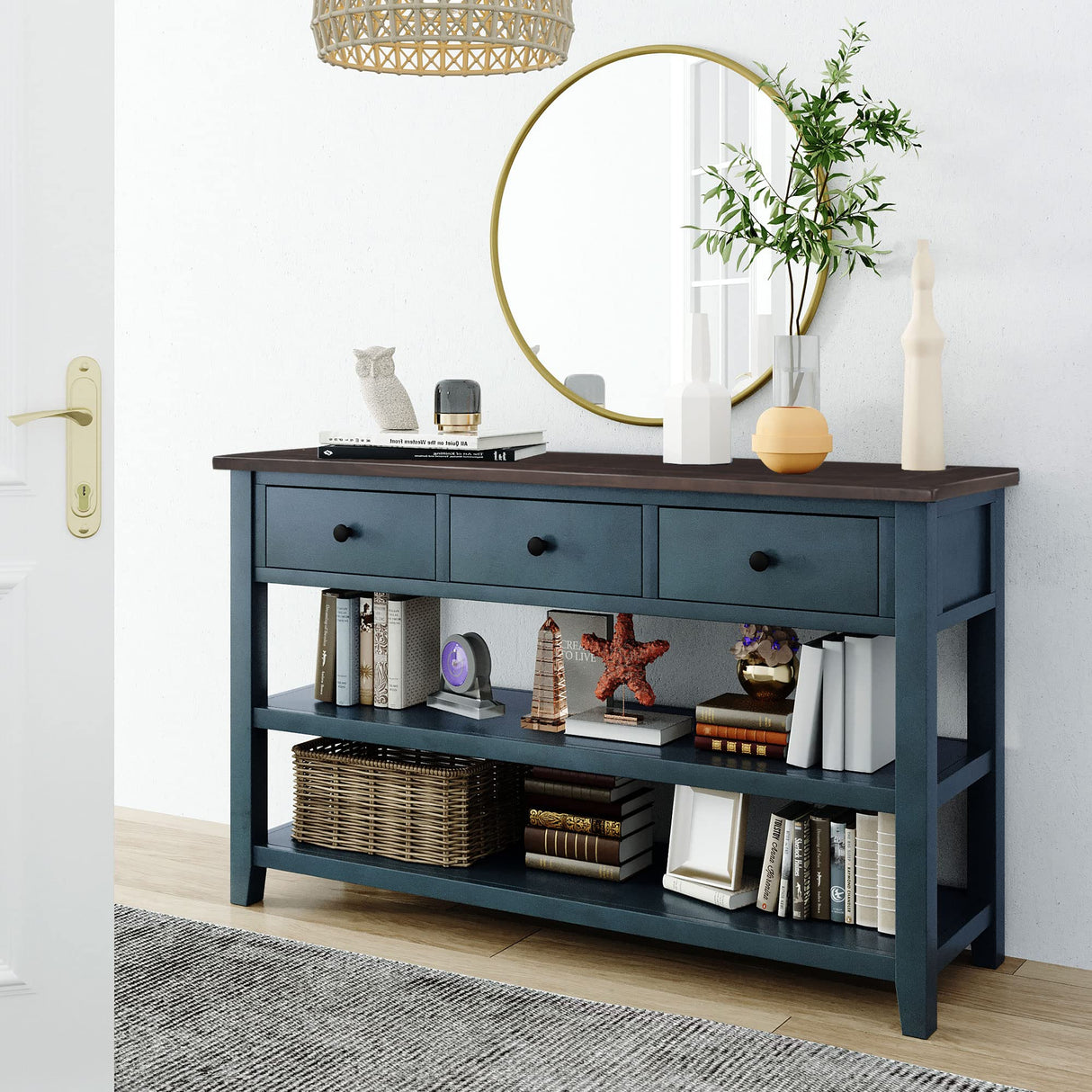 Knocbel Entryway Console Table with 3 Drawers and Open Shelves, Entry Hallway Foyer Sofa Long Table, 220lbs Weight Capacity, 50" L x 16" W x 30" H (Navy) Knocbel