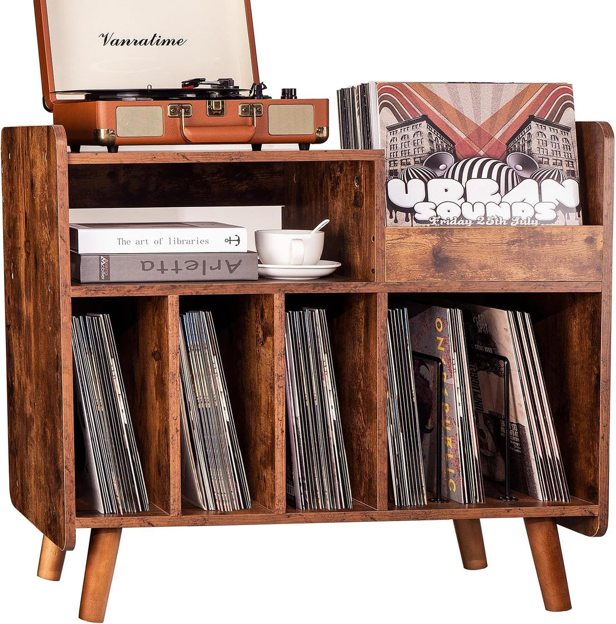 UODERS Record Player Stand, Large Record Player Table Cabinet with Open Vinyl Storage and Display Shelf Holds up to 350 Albums, Mid Century Wood Turntable for Living Room, Bedroom (Brown) UODERS
