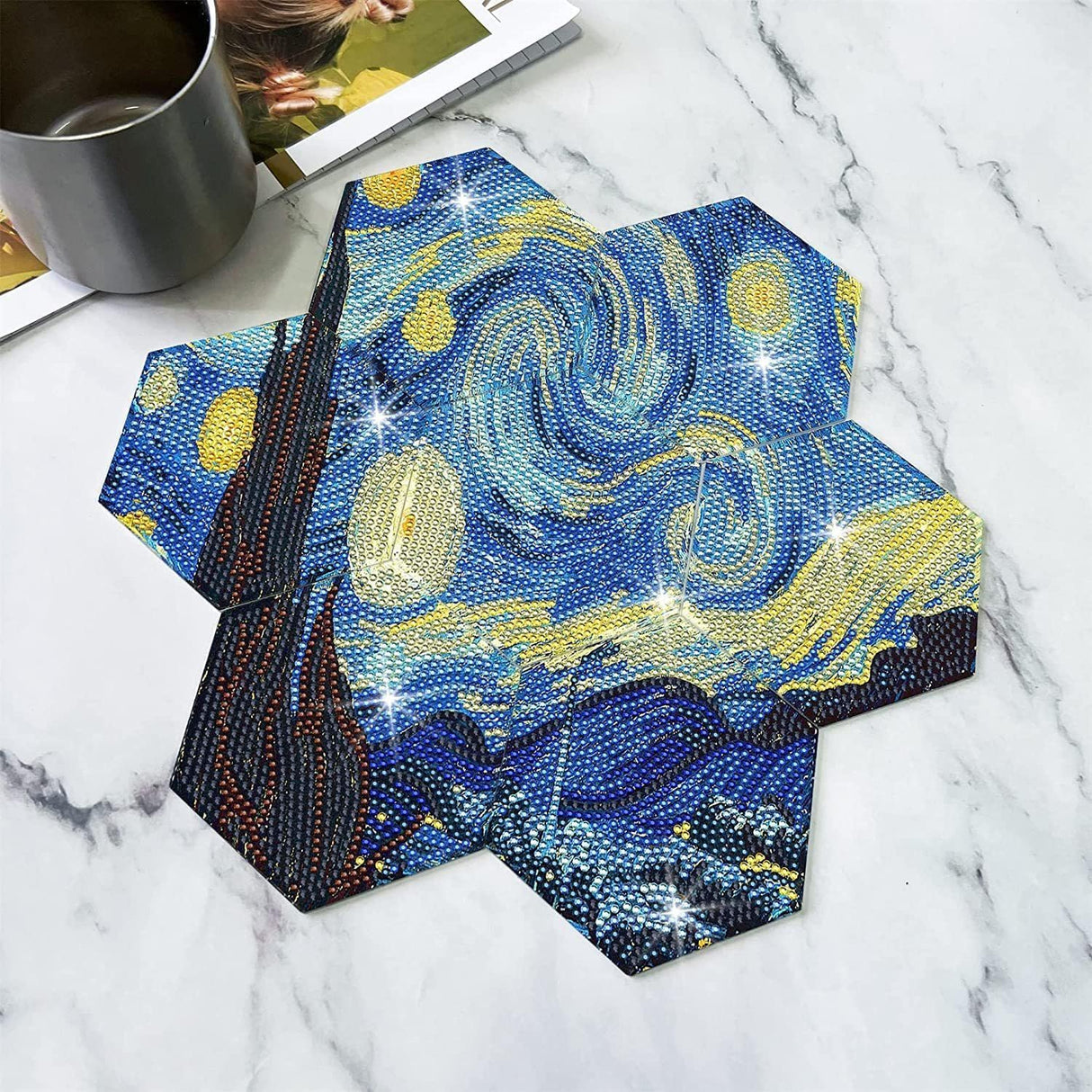 Diamond Art Coasters Van Gogh Starry Night, 7 PCS Diamond Art Hexagonal Coasters with Holder, Small Diamond Painting Kits for Adults Beginners NUFTVI