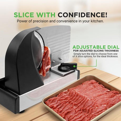Nutrichef Electric Meat Slicer | 200W Automatic Meat, Deli & Bread Slicer | Adjustable Dial for 0-15mm Cutting Range Thickness | Removable 7.5 IN Stainless Steel Blade & Food Pusher for Safety (Black) NutriChef