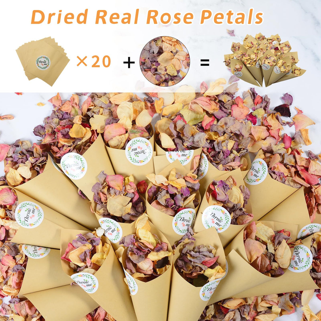 20+ Cups Real Rose Petals Biodegradable Wedding Flower Confetti, 2 QT Mixed Yellow Purple Pink Dried Roses Petals for Wedding Proposal Bath Valentine's Day Party Flower Girl Oning