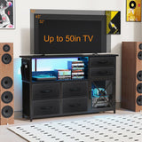 SZLHANJZ Dresser for Bedroom with LED Lights, TV Stand with Charging Station for 50 inch TV, 6 Drawers Chest with Door and Side Storage, Long Metal Dresser Table for Living Room, Black SZLHANJZ