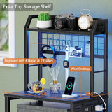 Furologee 44'' Tall Nightstand with Charging Station, Bedside Table with LED Lights, End Table with 3 Drawers and Storage Shelves, Night Stand with Pegboard for Bedroom, Black Oak Furologee