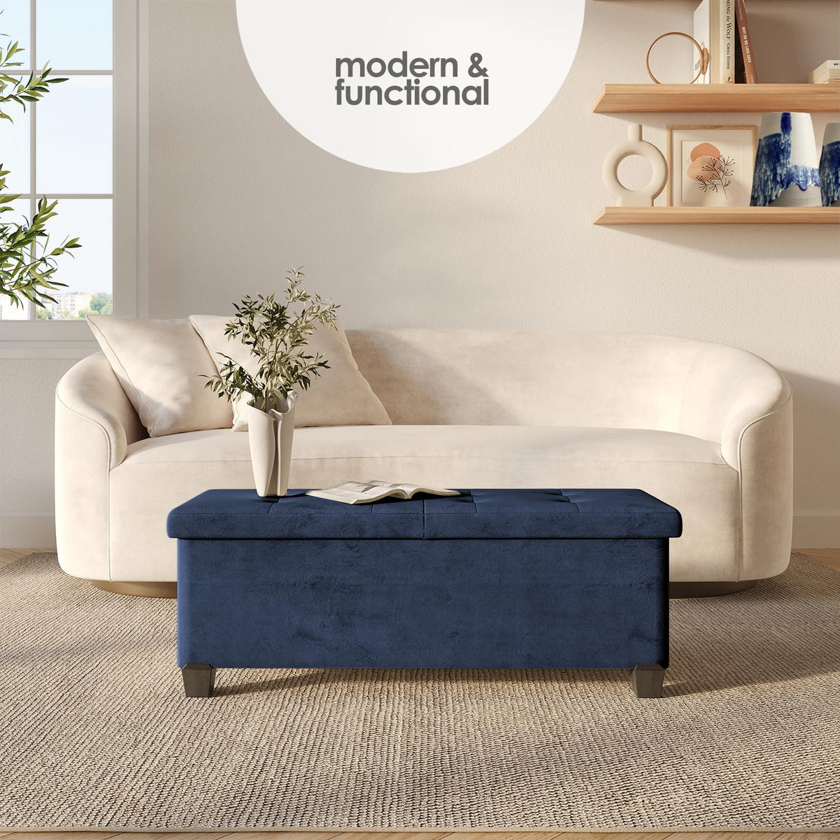 STORAGEBUD Storage Ottoman Bench with Bins, 43-in Storage Bench for Bedroom End of Bed, Folding Foot Rest Ottoman for Living Room Max 660lbs, Velvet Ottomans, Blue STORAGEBUD