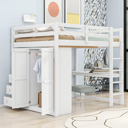 SOFTSEA Full Size Loft Bed with Desk & Wardrobe, Functional Loft Bed with Storage Drawers and Shelves, Wooden High Loft Bed Frame with Ladder for