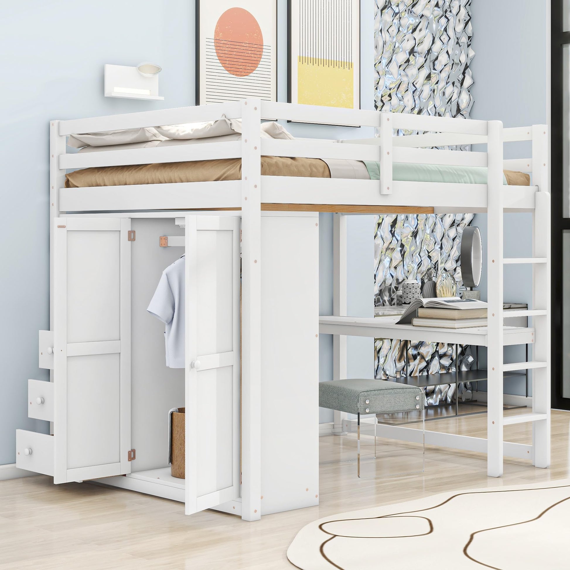 Full Size Loft Bed with Desk and Wardrobe Storage - BIADNBZ Wooden Bedframe in White - WoodArtSupply