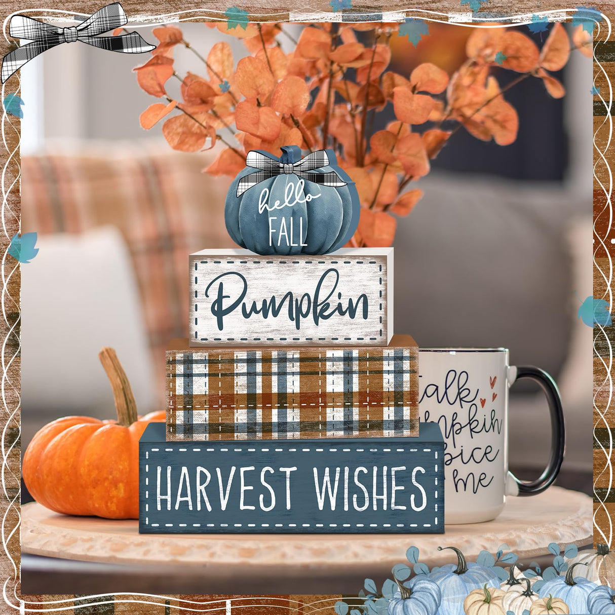 Britimes 4 Pcs Blue Pumpkins Fall Decor Wooden Tiered Tray Sign, Farmhouse Rustic Autumn Pumpkin Decorations Stack Block Set Harvest Wishes Table Centerpieces for Home Kitchen Shelf Britimes