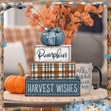 Britimes 4 Pcs Blue Pumpkins Fall Decor Wooden Tiered Tray Sign, Farmhouse Rustic Autumn Pumpkin Decorations Stack Block Set Harvest Wishes Table Centerpieces for Home Kitchen Shelf Britimes