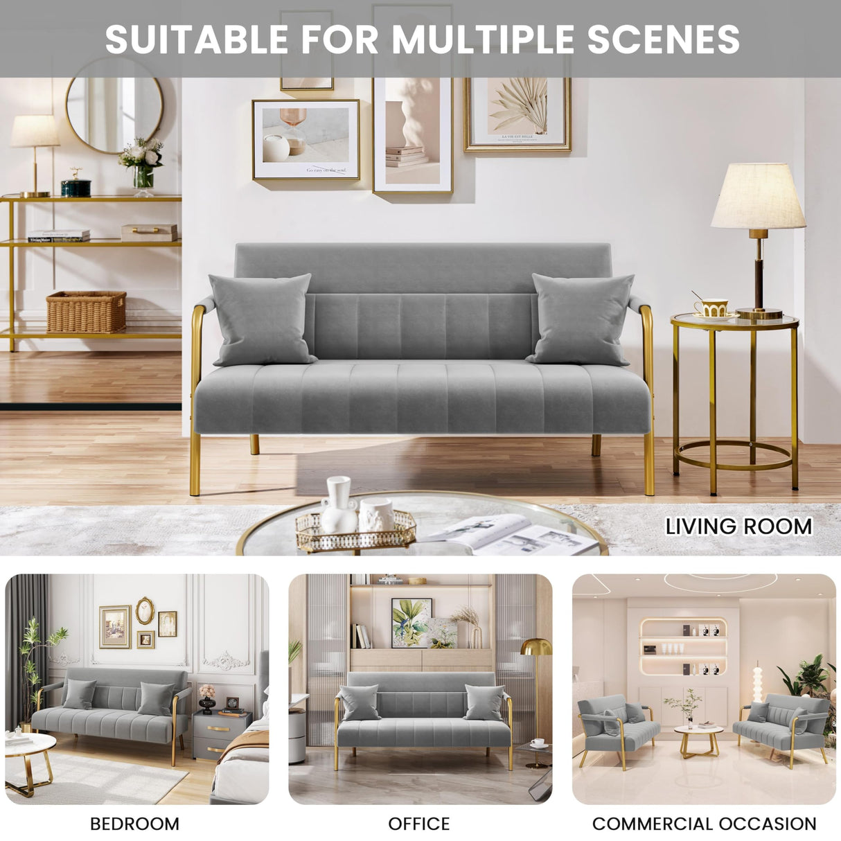 Yaheetech 56.5" W Modern Loveseat 2 Seater Sofa Luxurious Velvet Fabric Couch with Gold-Tone Metal Arms and Legs for Living Room, Home Office, Studio Light Gray Yaheetech