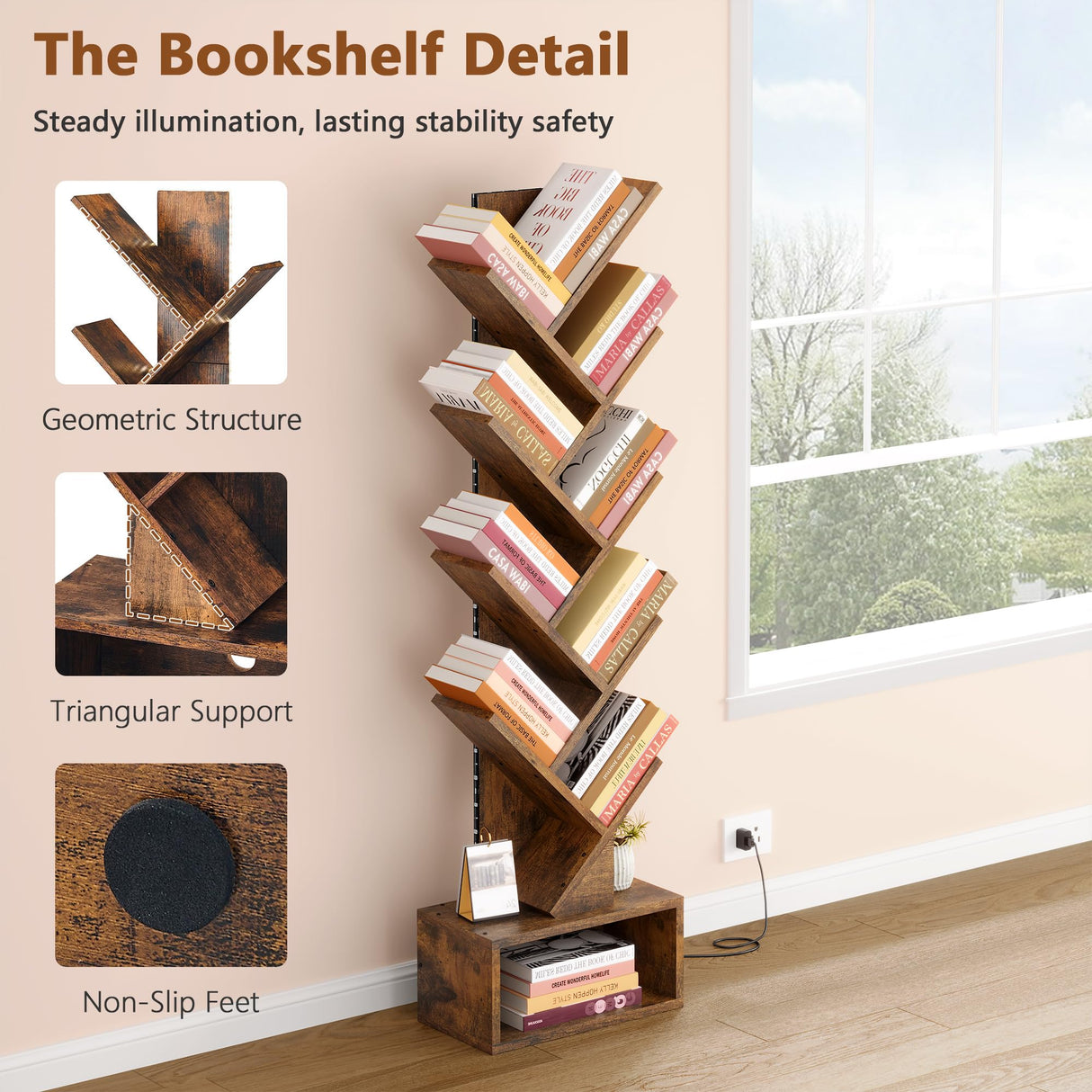 Hoctieon 9 Tier Tree Bookshelf, Tall Bookcase, Freestanding Book Shelf with LED Lights, Display Floor Standing Storage Shelf, Book Organizer Shelves for Home Office, Living Room, Rustic Brown Hoctieon