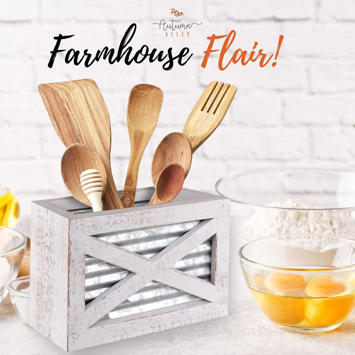 Autumn Alley Barn Door Rustic Kitchen Utensil Holder- Farmhouse Wooden White Kitchen Utensil Holder- Galvanized Accents- Rustic Kitchen Decor- Farmhouse Details Add Charm to your Country Kitchen Autumn Alley