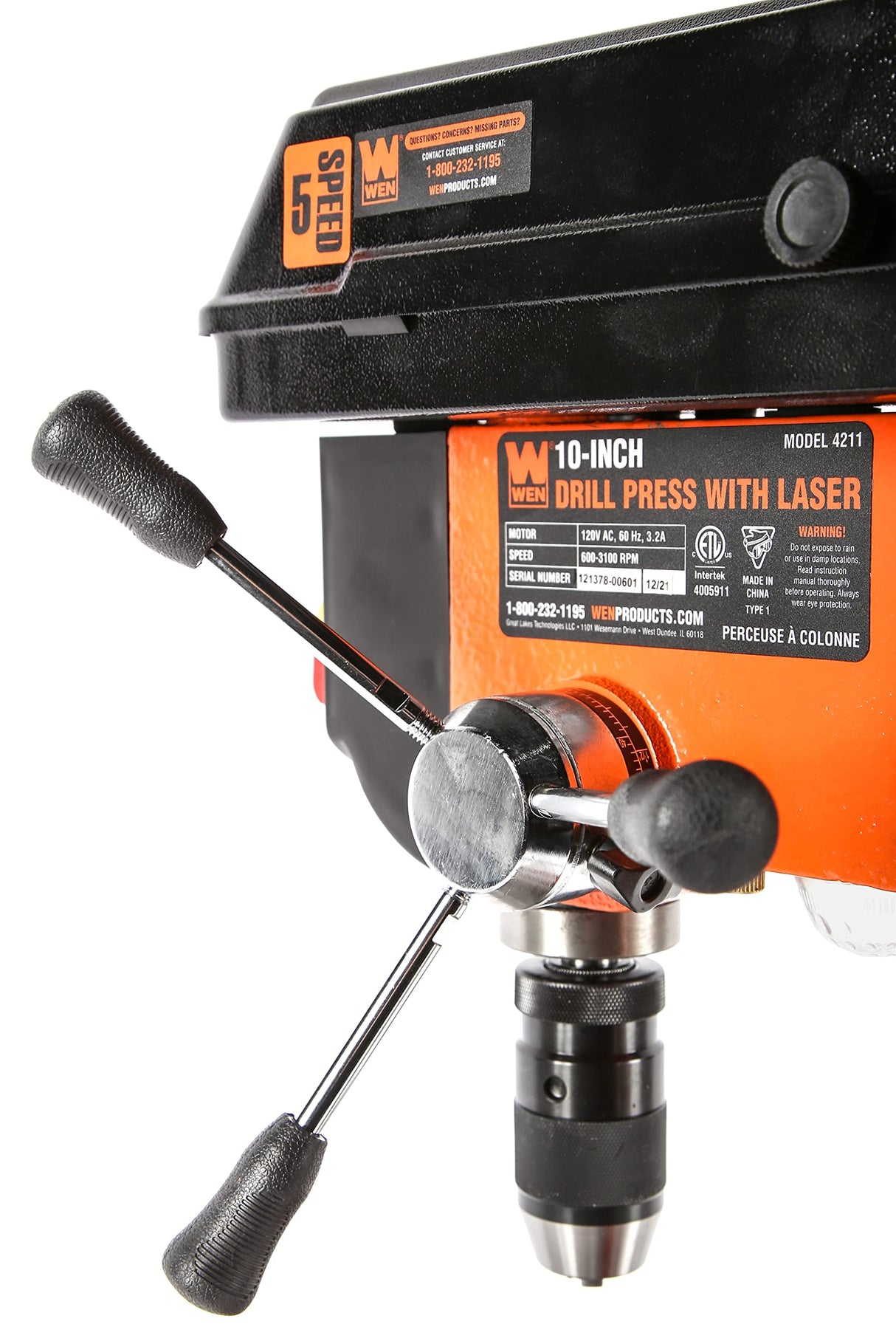 WEN 4211 3.2-Amp 10-Inch 5-Speed Cast Iron Benchtop Drill Press with Laser and Keyless Chuck , Black WEN