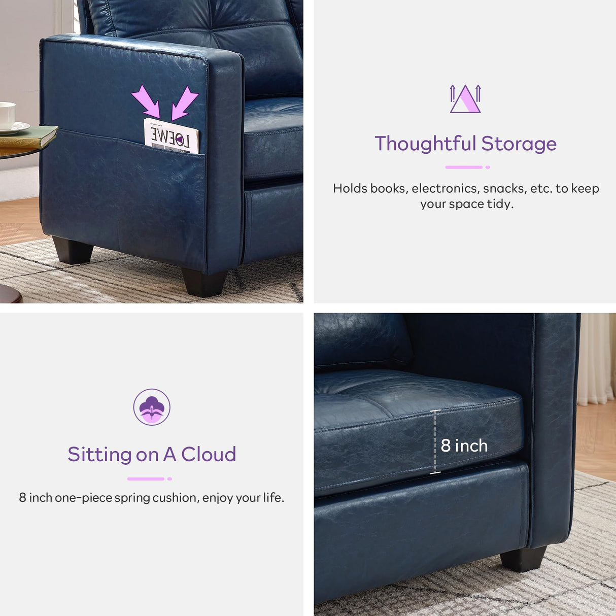 TYBOATLE 65" Blue Faux Leather Loveseat for Bedroom, Mid-Century Modern Tufted Comfy Loveseat w/USB Charging Ports and Wide Arms, 2 Seat Office Small Couch for Small Space TYBOATLE