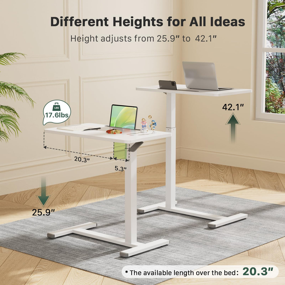 Gibbon Mounts Mobile Standing Desk, Pneumatic Adjustable Rolling Desk(27.5 Inches), Portable Laptop Desk with Wheels, Overbed Bedside Table Laptop Table for Couch, Home, Office, White Gibbon Mounts