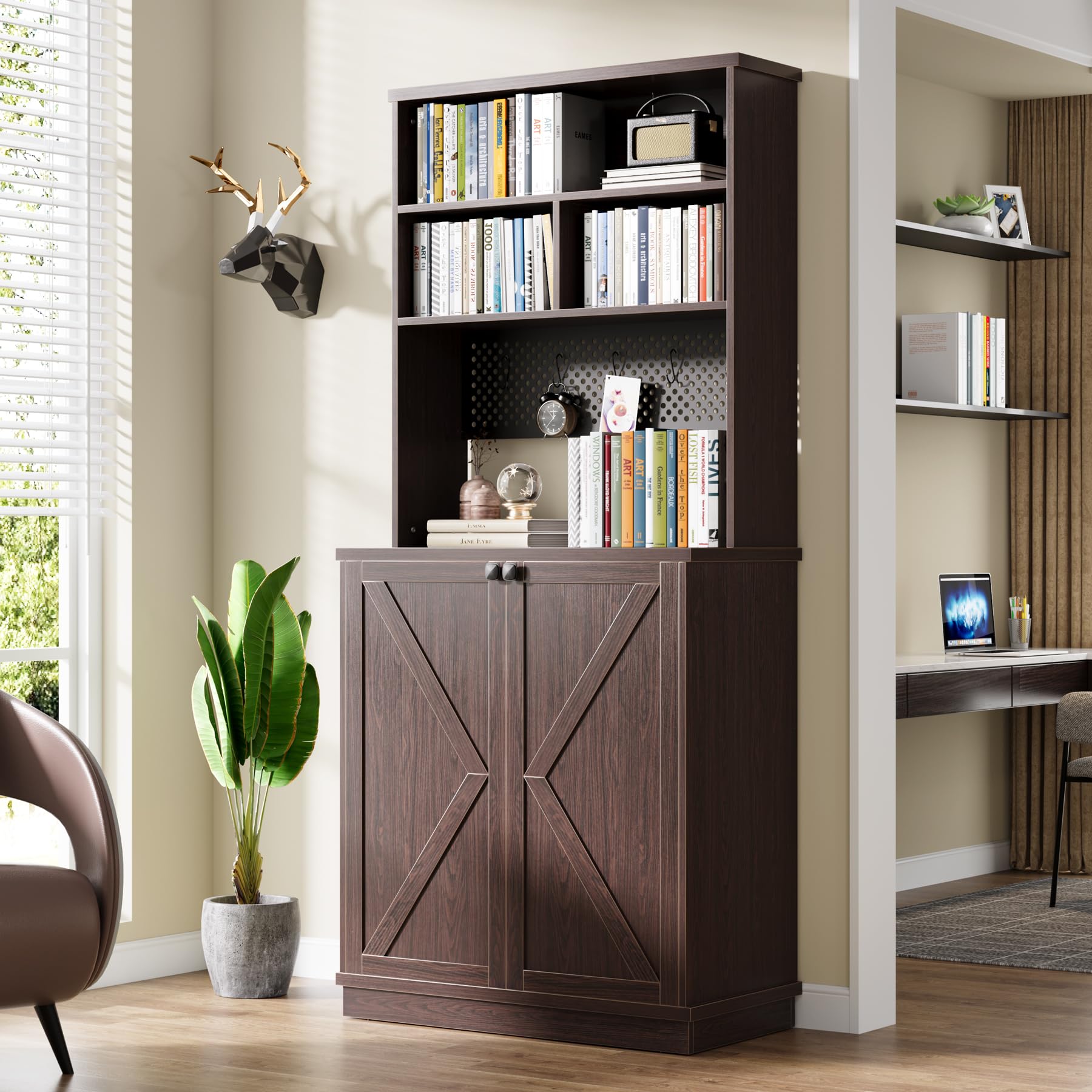 Tribesigns 70.9" Dark Walnut Tall Bookcase with Doors and DIY Pegboard for Home Office and Living Room - WoodArtSupply