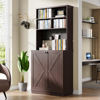 Tribesigns 70.9" Dark Walnut Tall Bookcase with Doors and DIY Pegboard for Home Office and Living Room - WoodArtSupply