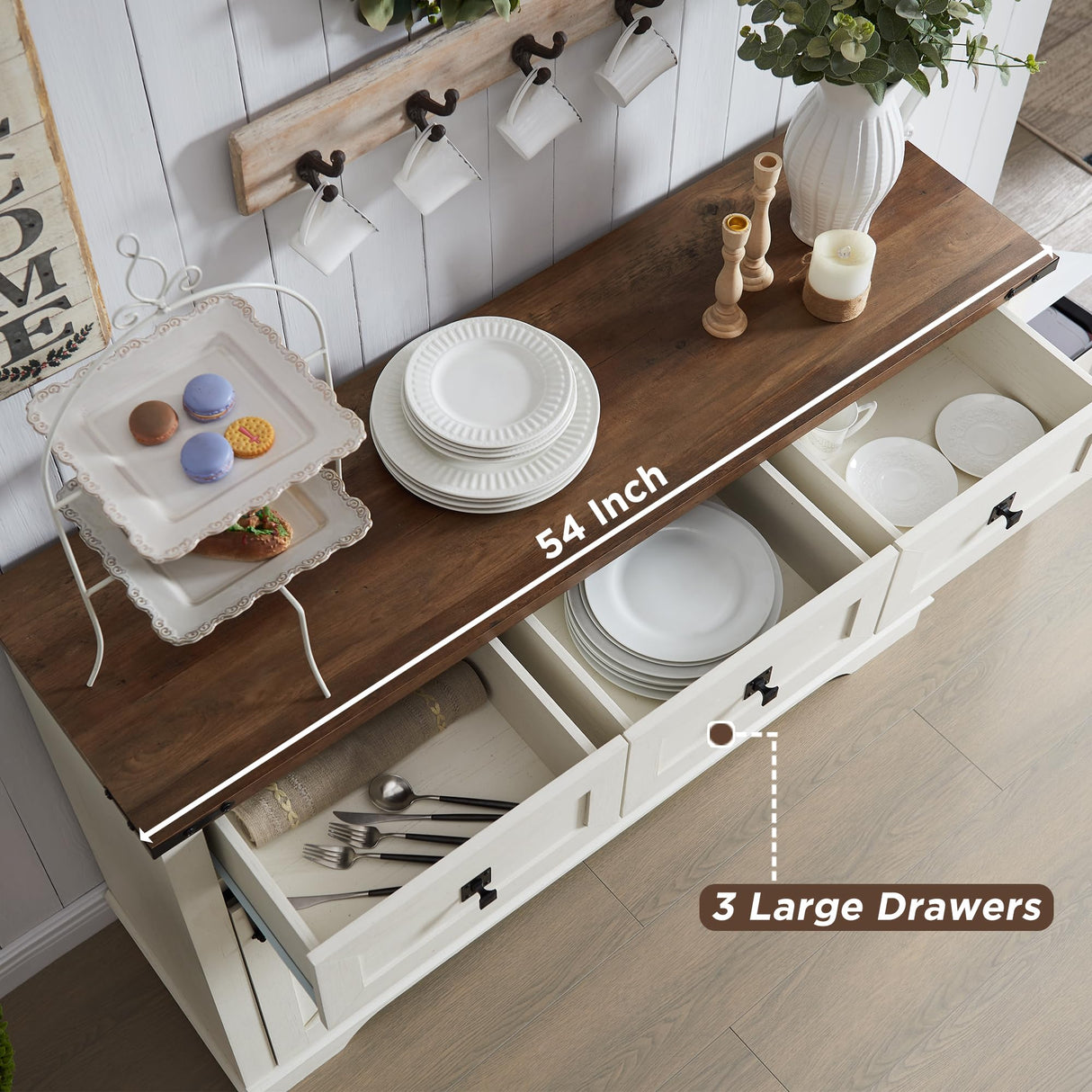 OKD 54" Farmhouse Buffet Cabinet with Storage, Large Kitchen Coffee Bar w/Sliding Barn Door, Wine & Glass Rack, Rustic Wine Bar Sideboard Table w/ 3 Drawers, Storage Shelves, Antique White OKD