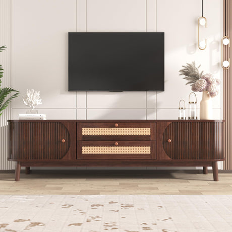 YESGIGA Rattan TV Stand for TVs up to 75'', Modern Farmhouse Media Console, Entertainment Center with Solid Wood Legs, TV Cabinet for Living YESGIGA