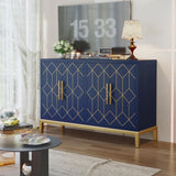 HLR 48" Accent Cabinet with 4 Doors and Shelves, Modern Credenza Storage Cabinet with Gold Trim, Sideboard Buffet for Living Room, Kitchen, Dining Room, Hallway, Blue HLR