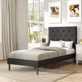 Twin Size Platform Bed Frame with Upholstered Headboard, Button Tufted Design, No Box Spring Needed, Dark Grey Sismplly
