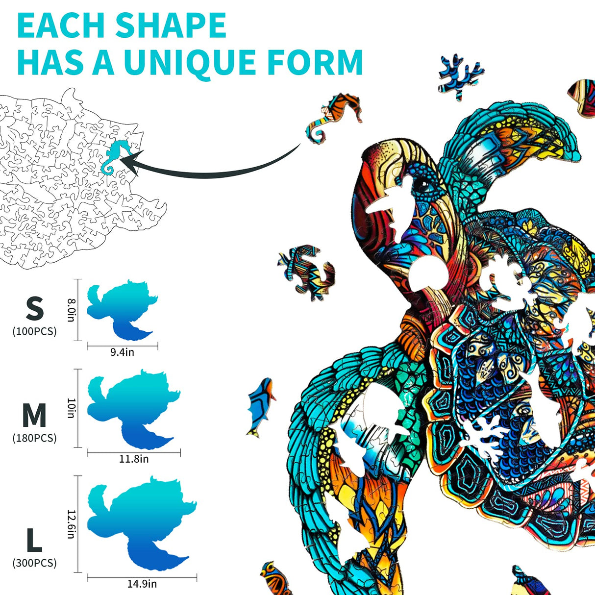 KAAYEE Wooden Jigsaw Puzzles-301pcs 14.9 * 12.6in Sea Turtle Wooden Jigsaw Puzzle for Adult,Nicely Packaged for Gift, Challenging Unique Shape Jigsaw Pieces KAAYEE