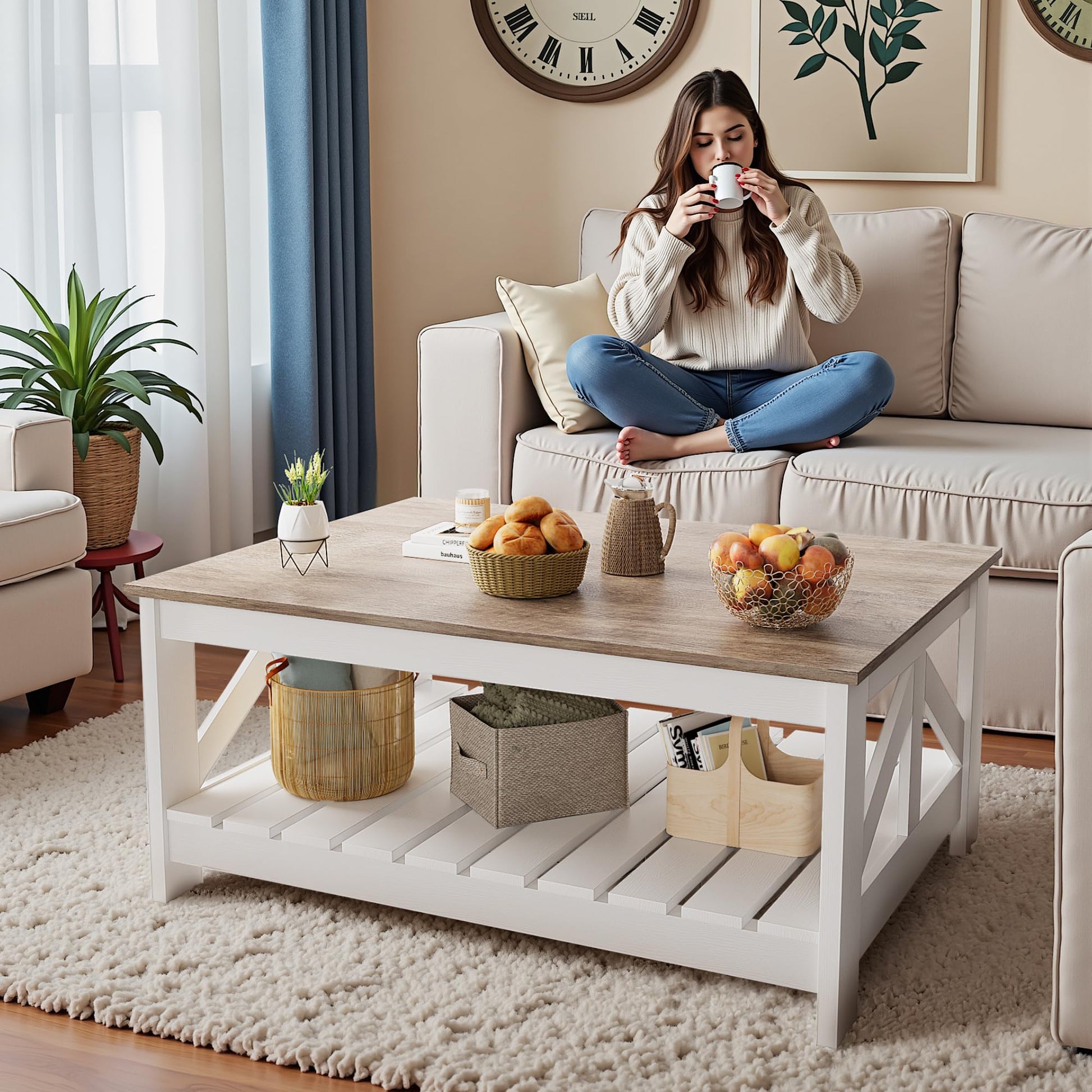 Flamaker Modern Farmhouse Coffee Table with Large Storage, 2-Tier Wood Living Room Table with Sturdy Frame, Rectangular Coffee Tables for Living Room, Meeting Room, Apartment (Rustic Oak & Wh - WoodArtSupply