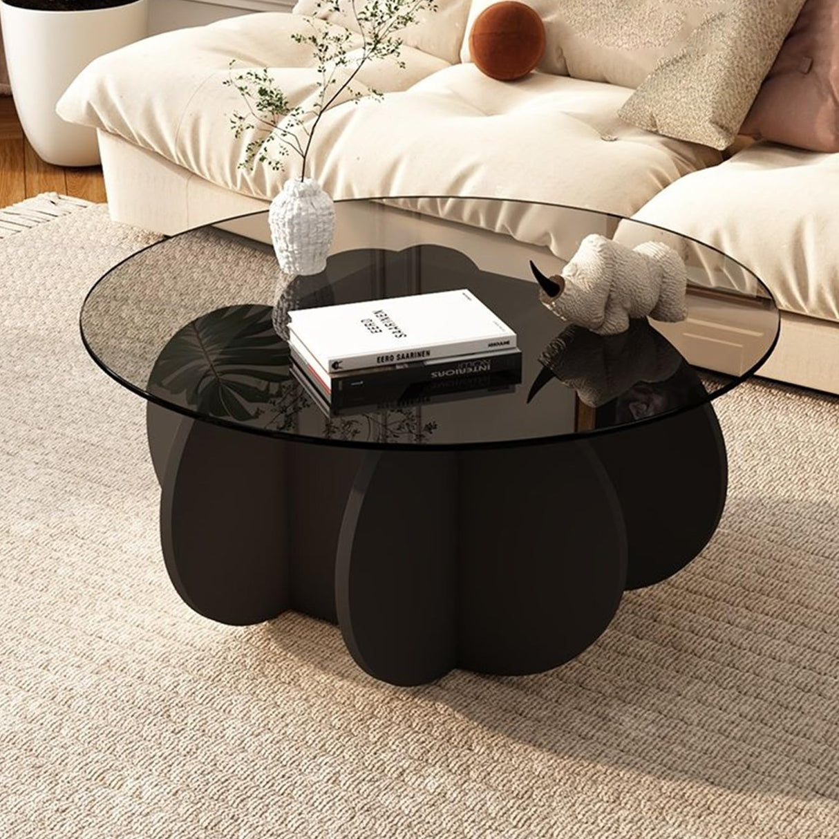 Black Coffee Table, 31.5" Round Glass Coffee Table for Living Room Mid Century Modern Coffee Table Unique Center Table with Wood Base Circle Coffee Ta dnziqi