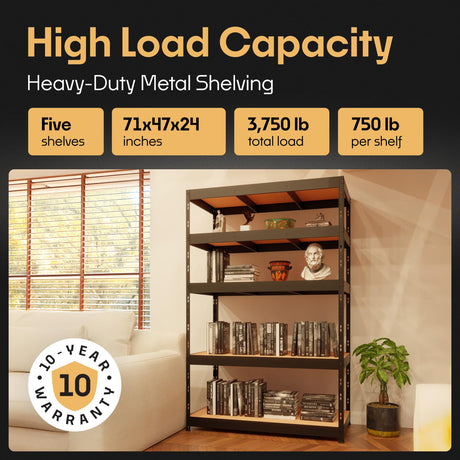 Storage Shelves: 5 Storage Shelves Heavy Duty w/ 3,750 lb Total Load Capacity, 750 per Storage Shelf, 71x47x24 | Perfect Solution for Your Storage Needs, Adjustable Shelving Unit Metalkas