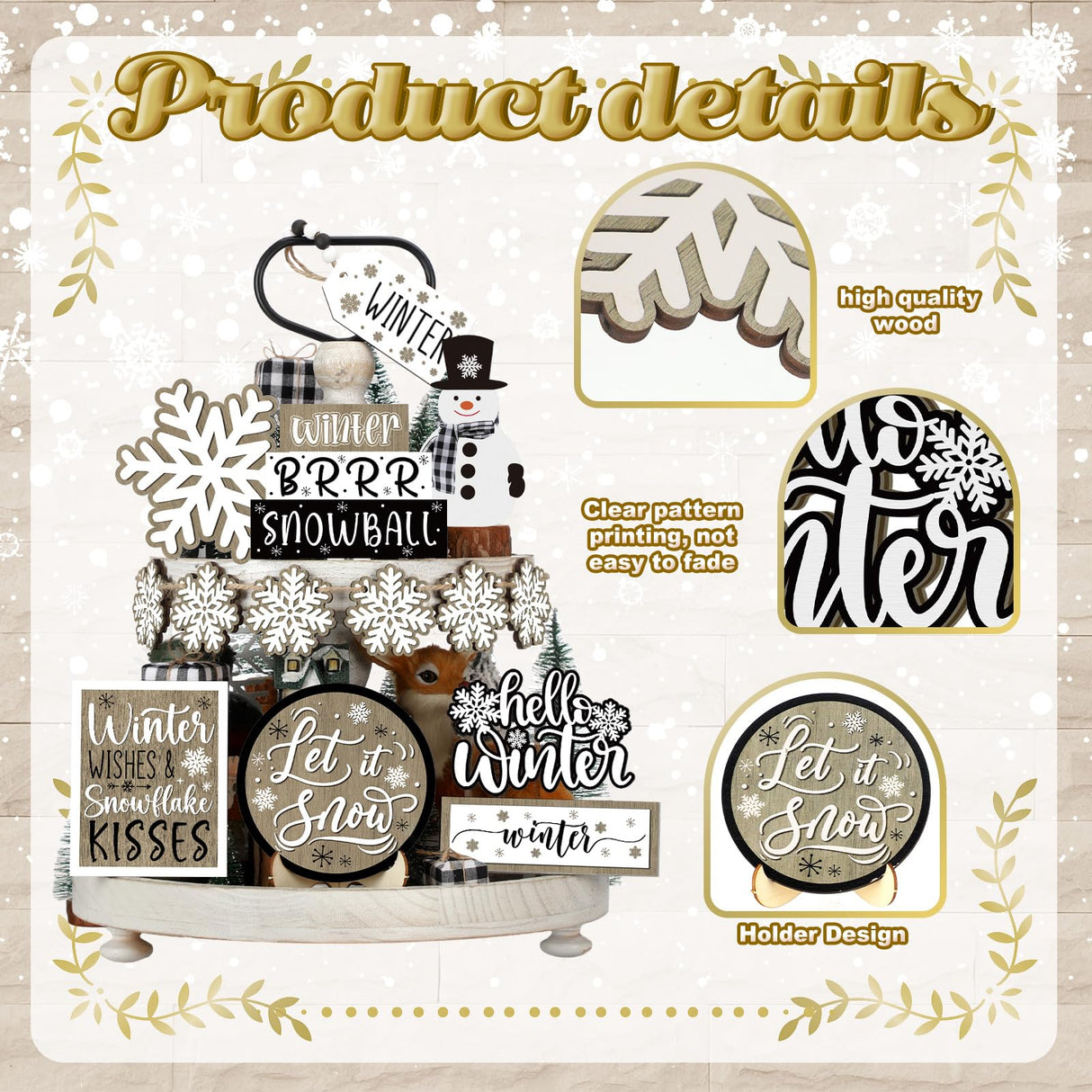 Dandat 15 Pcs Christmas Tiered Tray Decor Winter Tiered Tray Decorations Set Hello Winter Let It Snow Snowman Snowflake Wooden Signs Farmhouse Table Centerpieces for Home Table Shelf Dandat