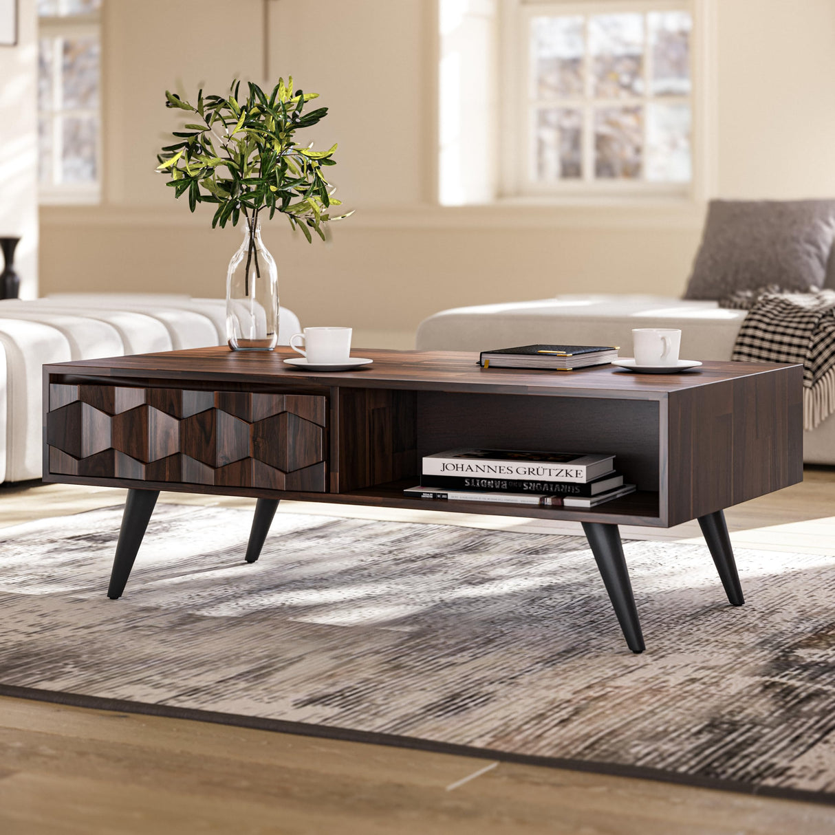 Bme Georgina Solid Wood Coffee Tables for Living Room, Coffee Table Mid Century Modern with 2 Symmetrical Storage Drawers & Geometric Details, Fully Assembled Center Table, Walnut Bme