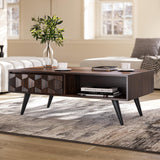 Bme Georgina Solid Wood Coffee Tables for Living Room, Coffee Table Mid Century Modern with 2 Symmetrical Storage Drawers & Geometric Details, Fully Assembled Center Table, Walnut Bme