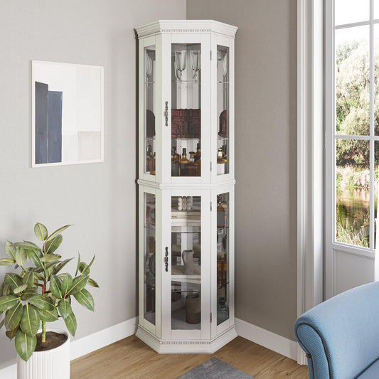 BELLEZE Lighted 3-Side Glass Display Curio Cabinet w/Tempered Glass Doors & Shelves, Accent Wooden Corner Cabinet with Bulb, Corner Storage