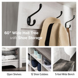 Prepac Farmhouse Washed White Hall Tree, Shoe Cabinet, Storage Cabinet with 12 Shoe Cubbies, 2 Boot Cubbies and 6 Double Coat Hooks 15.5" D x 60" W x 77" H Prepac