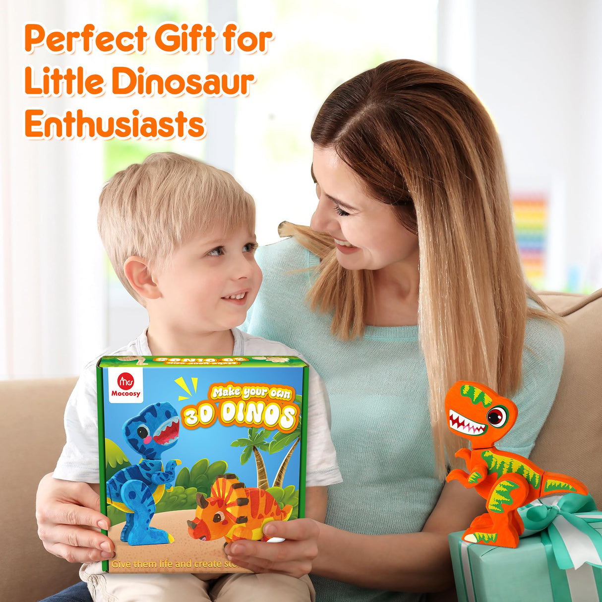 Mocoosy Wooden Dinosaur Painting Art Craft Kit for Kids 3-5, Build & Decorate Your Own Dino Crafts with Paint and Stickers, Wood Dinosaur T-Rex STEM Game Montessoi Toys Educational Gift for Boys Girls Mocoosy