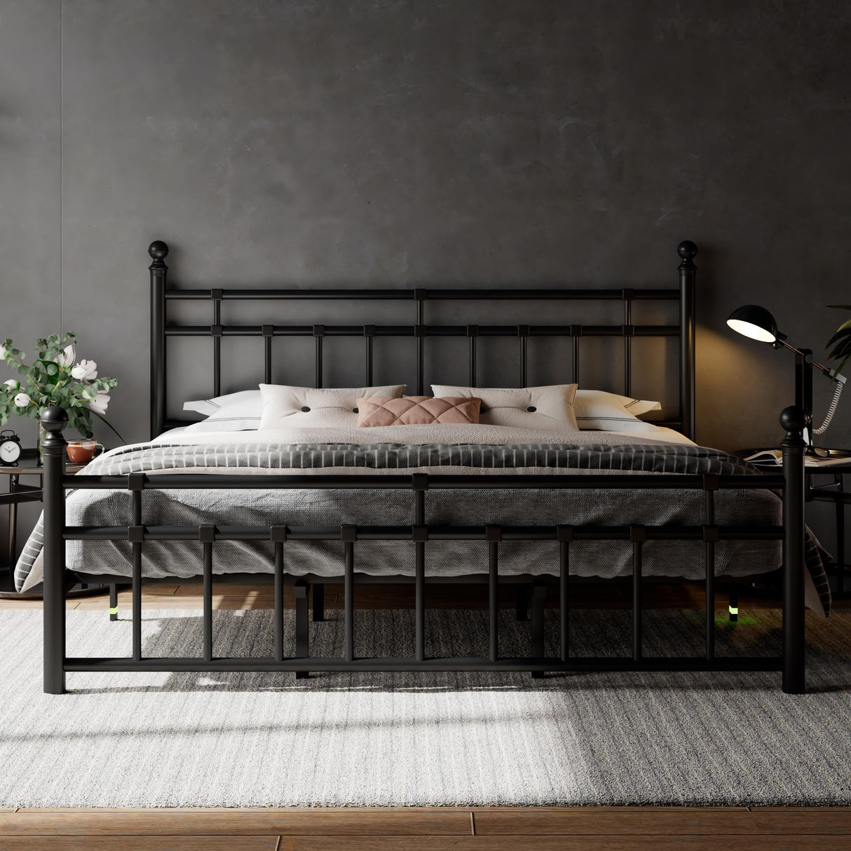 Feonase King Size Metal Platform Bed Frame with Victorian Classic Iron-Art Headboard & Footboard, Steel Slats Support, 12" Under Bed Storage, No Box Spring Needed, Easy Assembly, Noise-Free, Black Feonase