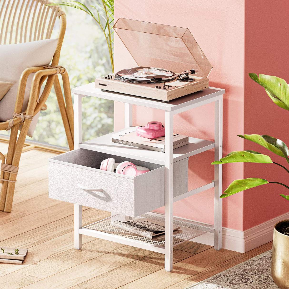 Huuger Night Stand with Fabric Drawer, Side Table with Mesh Shelf, Bedroom Nightstand, Fabric Drawer Dresser, Open Shelf, Metal Frame, Couch Side, White Huuger