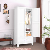 GAIOUS Steel Armoire Wardrobe Closet with 2 Doors, 71" Household Wardrobe Cabinet with Hanging Rod and Drawers, Metal Clothing Storage Cabinet with Adjustable Shelf for Bedroom, Cloak Room, Gym(White) GAIOUS
