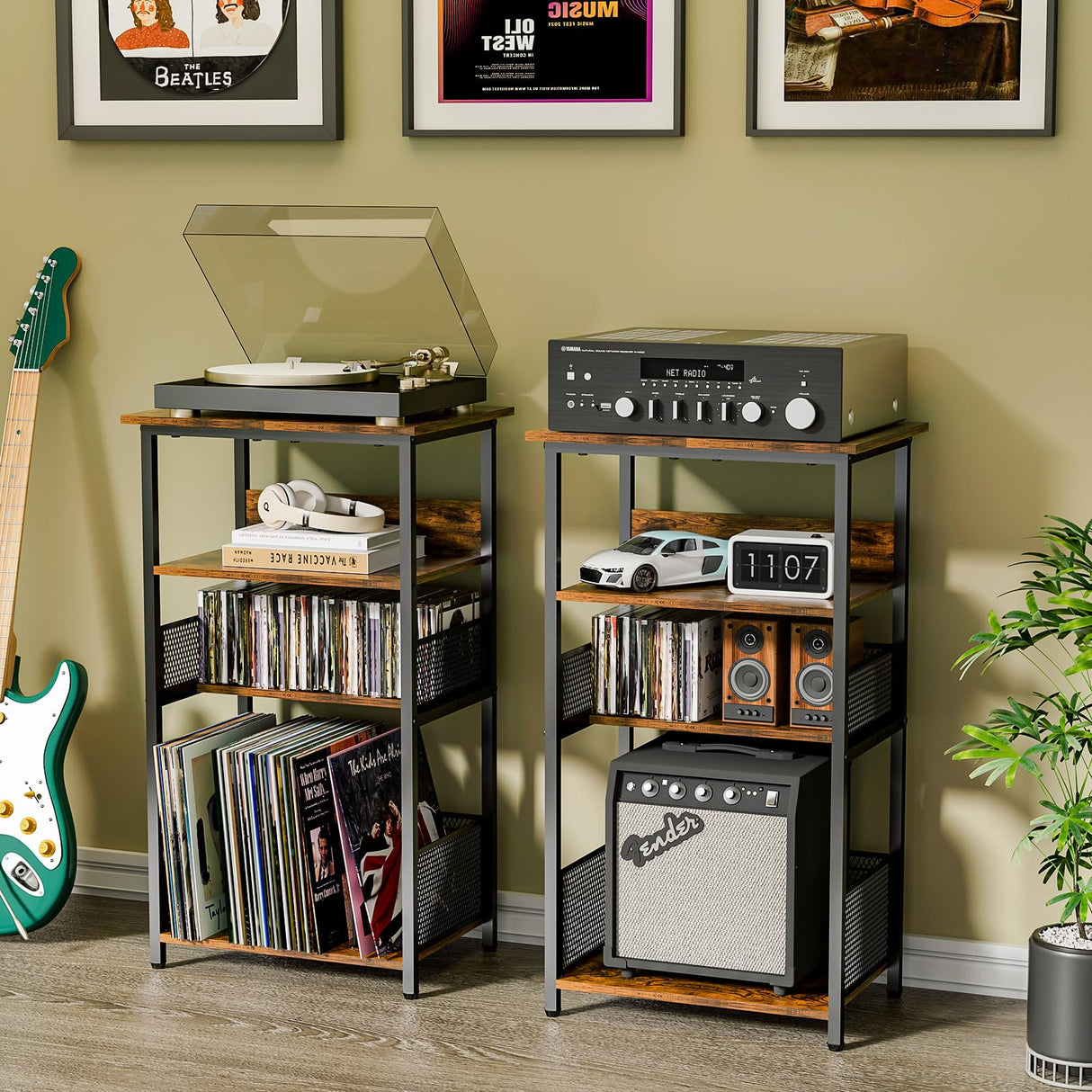 Huxitocan 4-Tier Record Player Stand with Storage for 100 Vinyl Records and 40 CDs, Turntables Holder for Living Room, Bedroom, Office Huxitocan