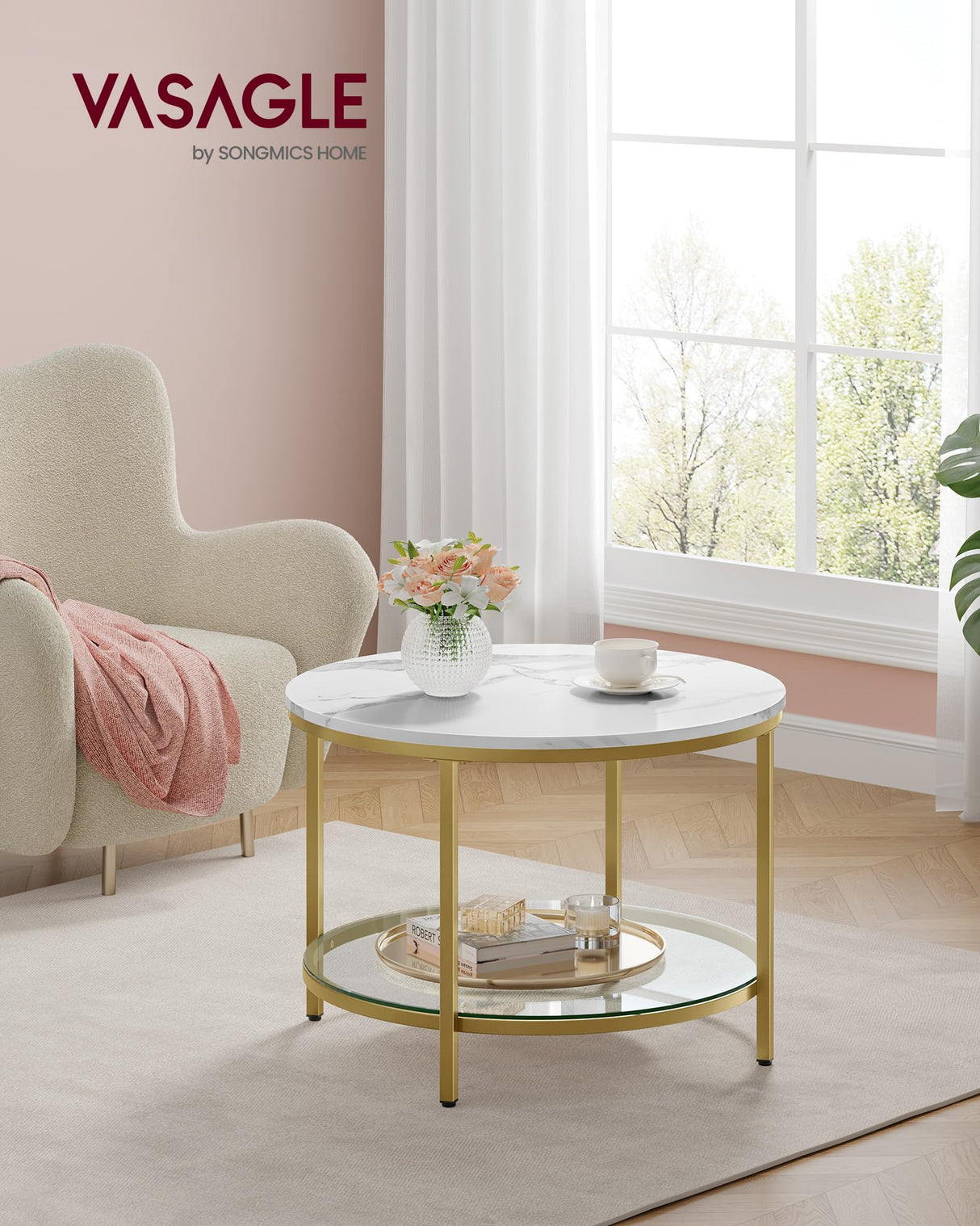 VASAGLE Round Coffee Table, Small Coffee Table with Faux Marble Top and Glass Storage Shelf, 2-Tier Circle Coffee Table, Modern Center Table for Living Room, Marble White and Pale Gold ULCT072W59 VASAGLE