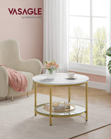 VASAGLE Round Coffee Table, Small Coffee Table with Faux Marble Top and Glass Storage Shelf, 2-Tier Circle Coffee Table, Modern Center Table for Living Room, Marble White and Pale Gold ULCT072W59 VASAGLE