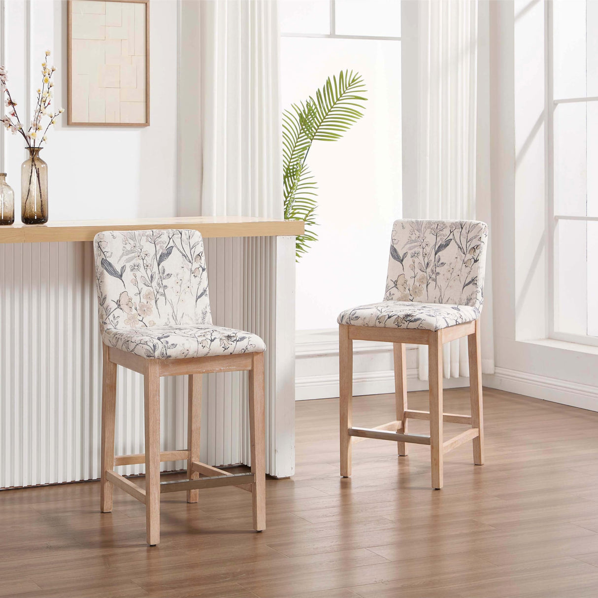Kmax 26 Inch Bar Stools Set of 2, Farmhouse Upholstered Bar Stools with Back Support Rustic Wooden White Armless Barstools for Bar Club Pub - Linen, Floral Pattern Kmax